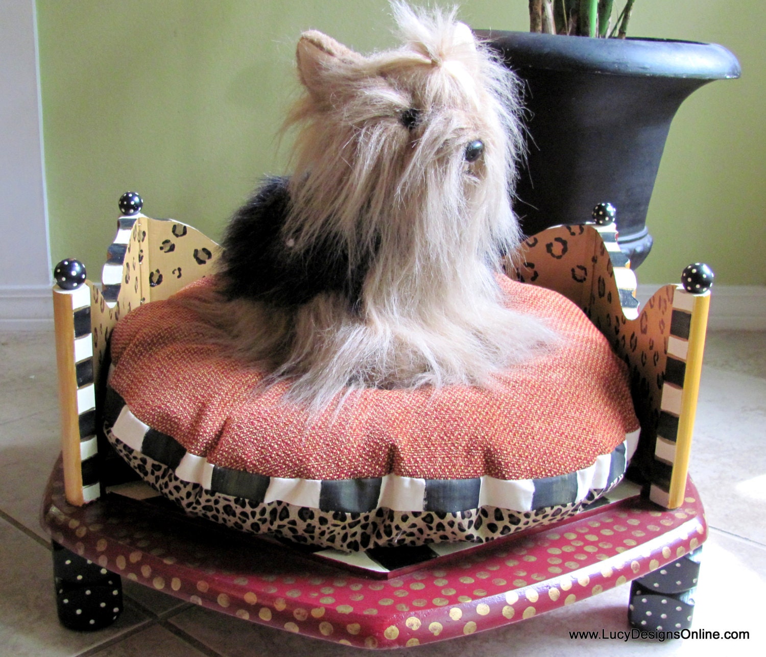 Functional Art One of a Kind Luxury hand painted round dog bed, leopard, animal print,  MacKenzie Childs Gold and Burgundy Maroon