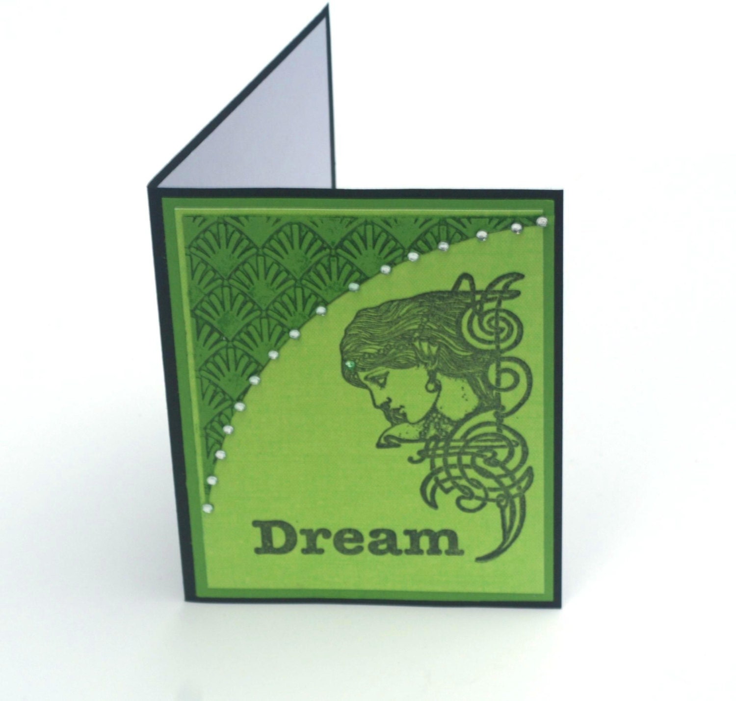 Green goddess blank card, art deco embossed card, dream, fantasy, handstamped card note card