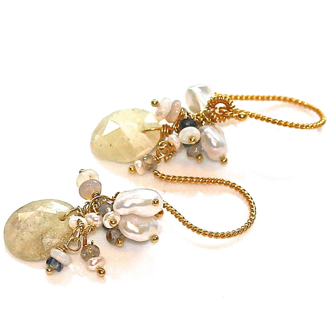 Sapphire Earrings Rose Cut Slice Vanilla Cream Keshi Pearl Ethiopian Opal Blue Grey Gold Vermeil Twist Dangle Drop Cluster Earrings Jewelry