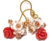 Carved Coral Earrings Keshi Pearl Cluster Oregon Sunstone Gold Dangle Earrings Gemstone Jewelry
