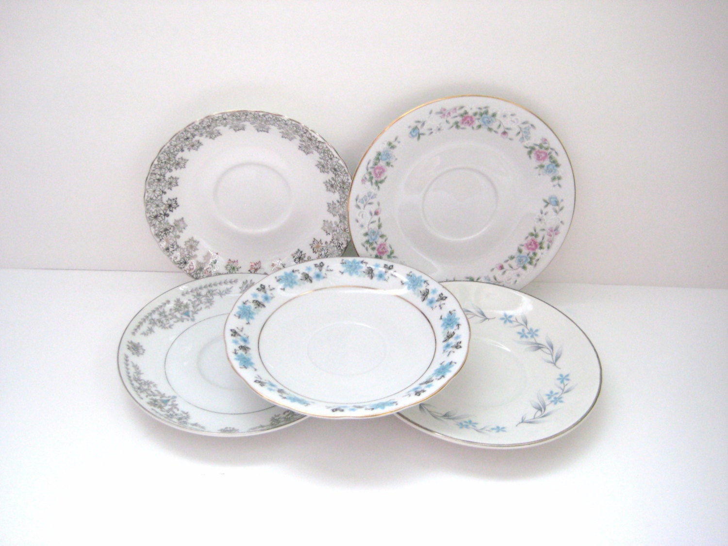 Vintage China Dessert Plates - Mismatched Set of 5 - Shabby Chic - Blue Grey Flowers