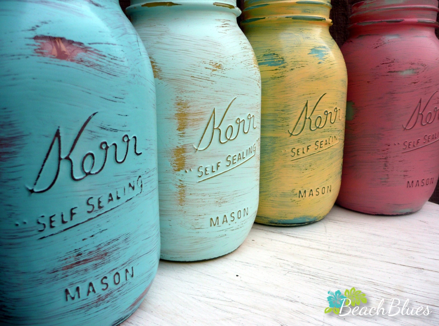 Miami inside/outside Quart - Wedding and Home Decor - Painted and Distressed Shabby Chic Mason Jars - Vase