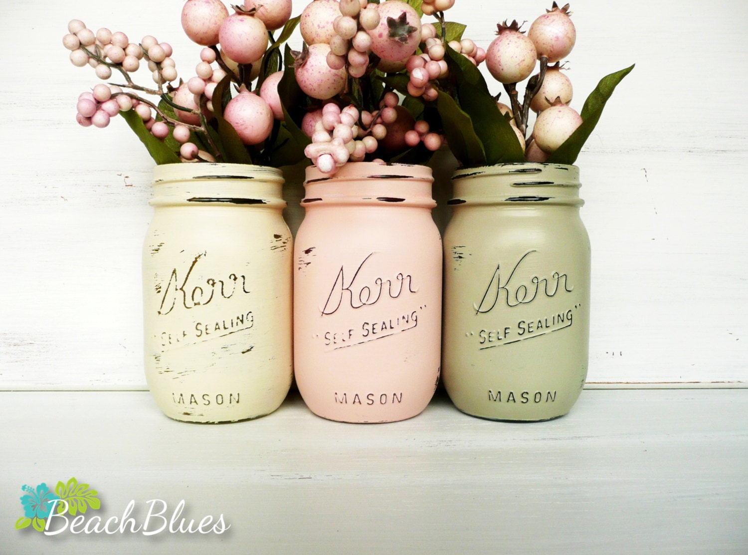 Cream, Blush, Olive - Home and Wedding Decor - Vase - Painted Mason Jars