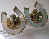 MEN's DERBY JEWELRY - ViNTAGE Mother of Pearl Horseshoe & 4 Leaf-Clover Cuff Links/ Horse Racing Lucky Charms