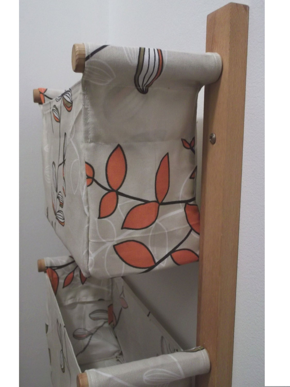 SHIPPING INCLUDED / Wall hanging storage - with 3 baskets - Light beige with orange - white - green leaves, branches