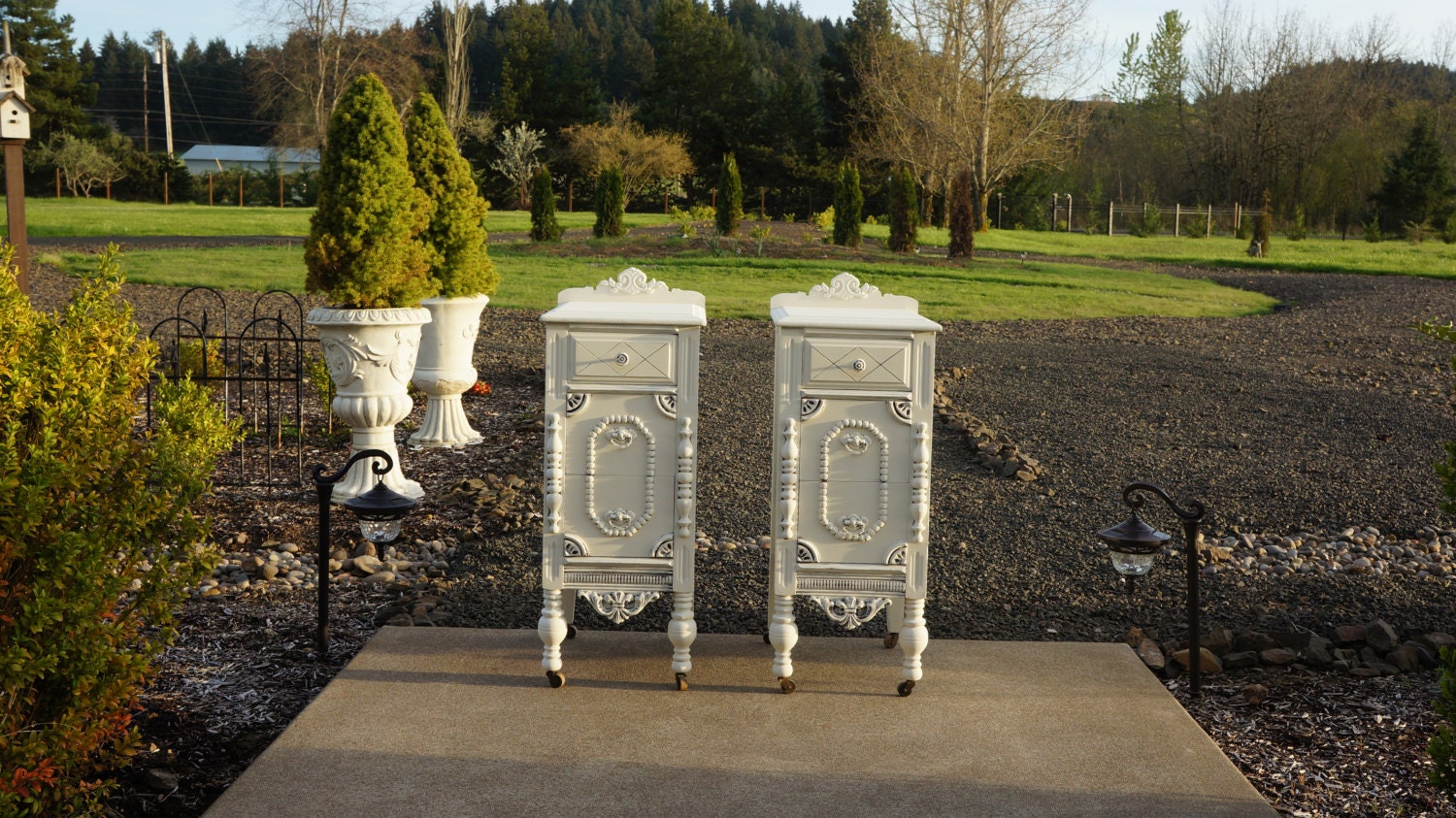 Shabby Cottage chic nightstands / bed side tables / Antique Nightstands/  One pair