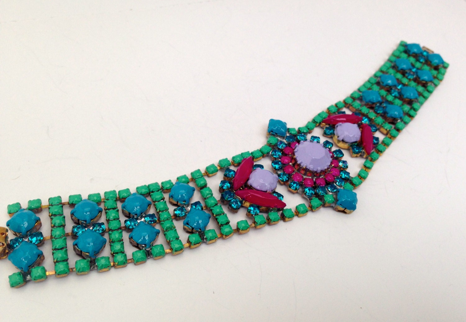 Mint Green Turquoise Hand Painted Rhinestone Bracelet
