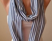 Trendy - Valentines Day - Blue and White Striped Infinity Scarf - Combed Cotton Fabric