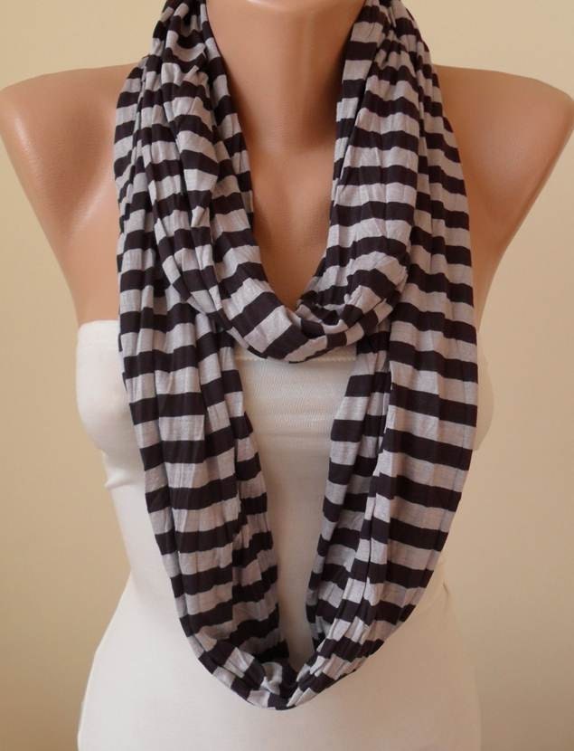 New - Black and Gray Striped Infinty Scarf  - Circle -  Loop Scarf - Combed Cotton Fabric
