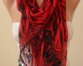 Red and Black Zebra Print Scarf - Silk/Chiffon Scarf with Black Trim Edge