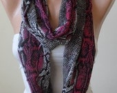 New - Gray and Fuchsia Snake Skin - Circle -  Loop Scarf - Chiffon Fabric