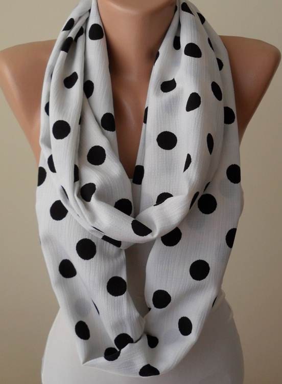 White and Black Polka Dots Infinty Scarf - Soft Cotton Fabric