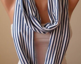 Trendy - Valentines Day - Blue and White Striped Infinity Scarf - Combed Cotton Fabric