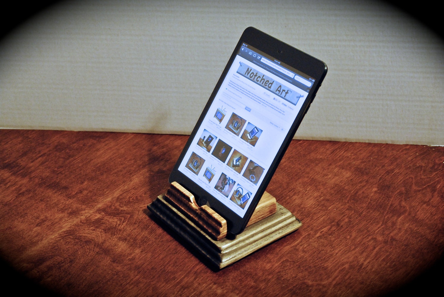 The rustic "mini Monument Stand" wooden docking stand for the iPhone, iPad mini, Kindle Fire, Galaxy Tab, small tablets