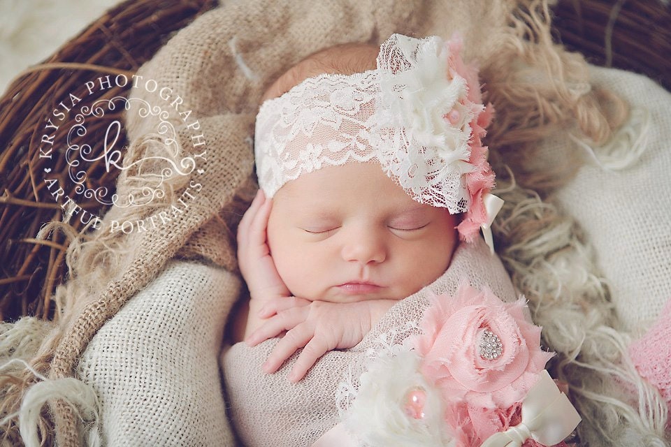 The Gabriella Headband- Ivory, Coral, Pink Lace newborn, baby, infant, girl, child, toddler photo prop, 1st birthday