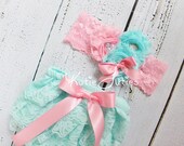 Aqua Lace Diaper Cover and Headband- Pink, Satin, rolled, bow, handmade Flowers, bloomers, newborn, baby girl, toddler, birthday, cake smash
