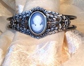 Blue Lady Cameo Bracelet Cuff in Ornate Leafy Antiqued Silver Vintage Inspired Handmade Jewelry