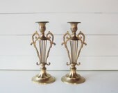 Brass Candle Holders, Brass Harp Candlesticks, Set of Two Large Candleholders