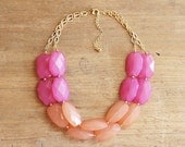 Pink and Peach Colorblock Double Strand Statement Necklace - Pink and Orange Bib Necklace