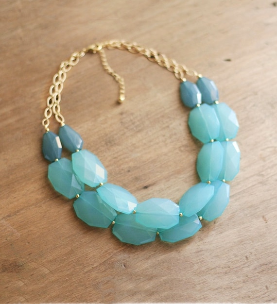 Turquoise Blue Colorblock Double Strand Statement Necklace - Bib Necklace