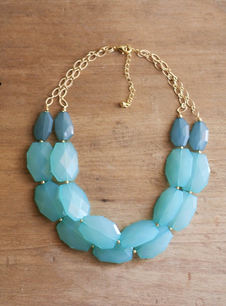Turquoise Blue Colorblock Double Strand Statement Necklace - Bib Necklace