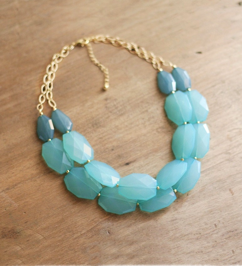 Turquoise Blue Colorblock Double Strand Statement Necklace - Bib Necklace