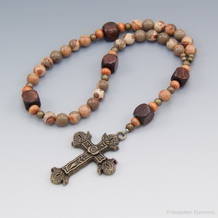 Prayer Beads, Safari Jasper, Protestant, Methodist, Episcopal, Anglican Rosary, Brown, Gray, Tan, Gift Box Included