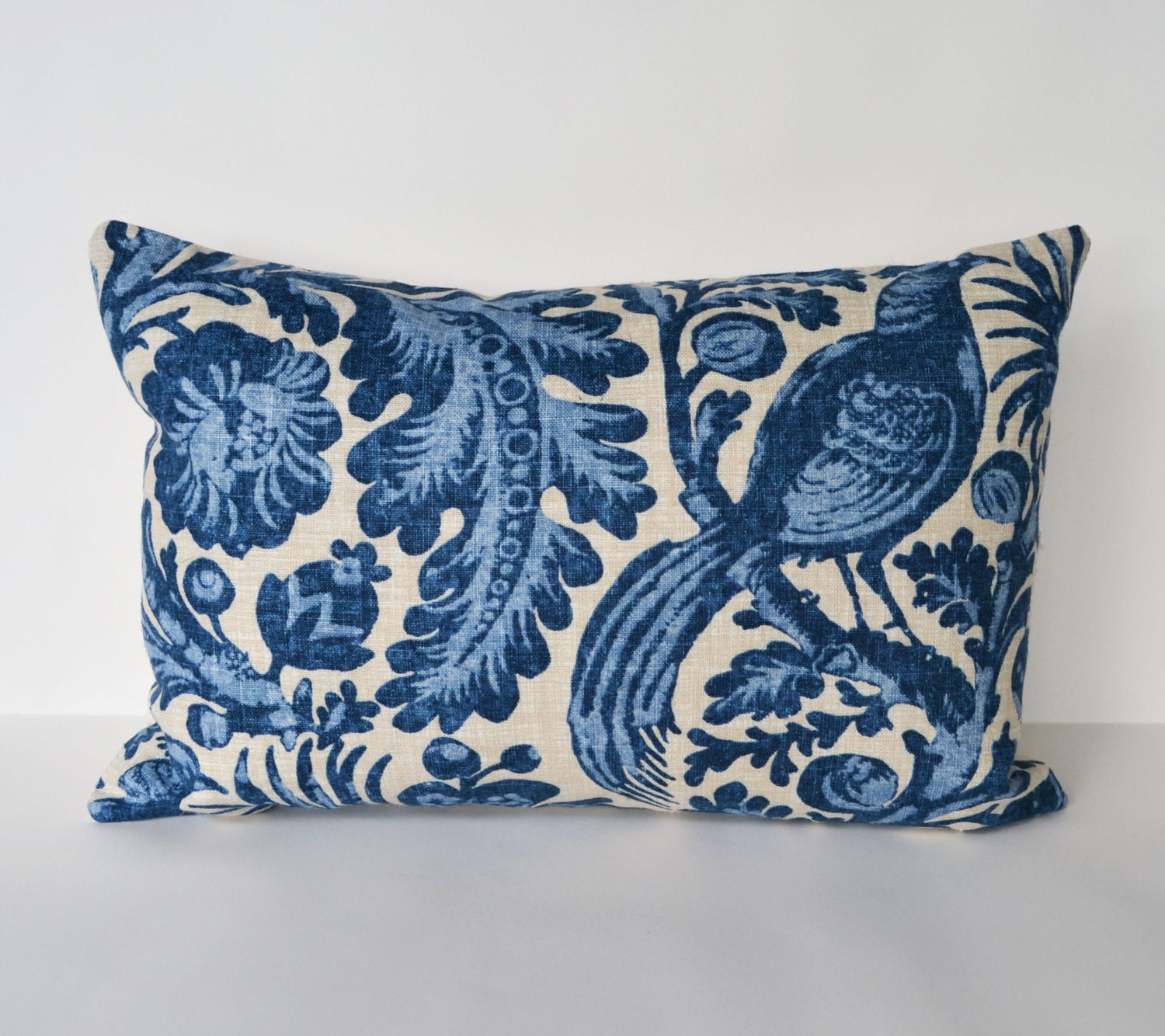 Items similar to Decorative Pillow 12x18 lumbar pillow Indigo blue floral bird design Accent ...