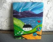 felted wall art, fibre painting, Welsh landscape