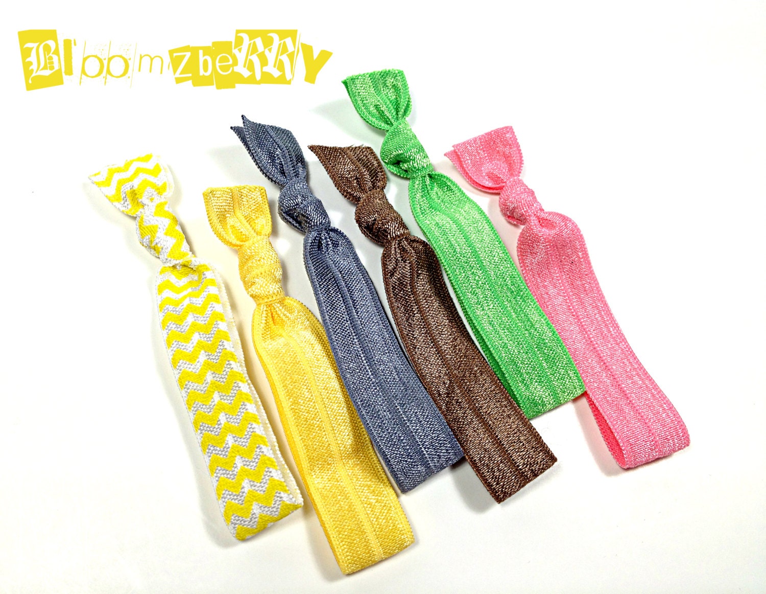 New 6 pcs Elastic Hair Ties - Yellow Chevron, Chocolate, Yellow, Apple Green, Gray, and Buuble Gum Pink - Toddler to Adult