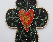 Valentines day one of a kind hand painted mixed media glittered heart wall cross
