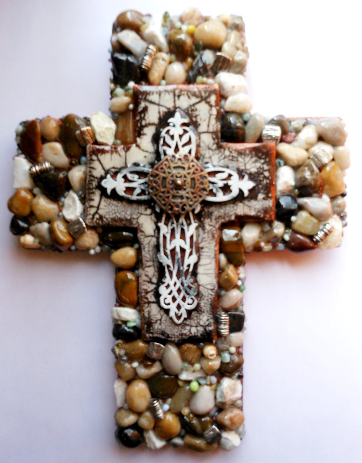 Fathers day OOAK mixed media found object stones crackled wood wall cross