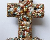 OOAK found object recycled stone beads standing folk art cross