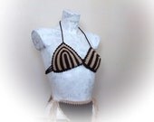Sexy Handmade Crochet Bikini in Brown and Beige-Crochet bikini- summer-Crochet Hippie Fringe Halter Top on Size M