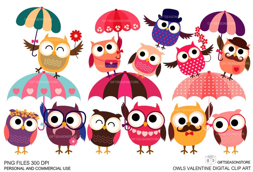 Valentine owls Digital clip art  for Personal and Commercial use - INSTANT DOWNLOAD