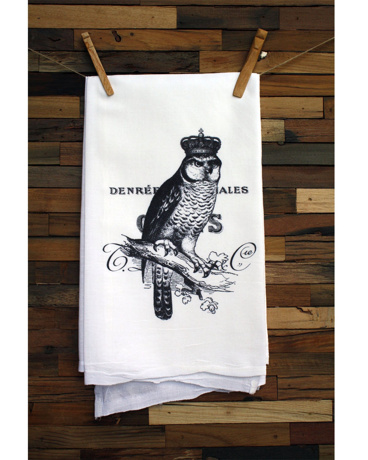 100% Cotton Flour Sack Chef's Kitchen Dish Towel Vintage Owl with Crown Great Hostess Gift