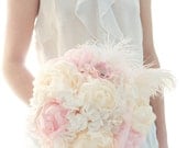 Hydrangea and Peony bouquet white paper hydrangea, cream and pink peony, soft white feathers wedding bouquet