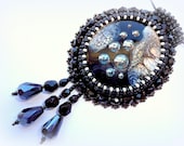 Embroidery Black Pendant, Lampwork Glass Cabochon Necklace, czech glass beads, sand color, silver tone, OOAK Jewelry, Ready to ship