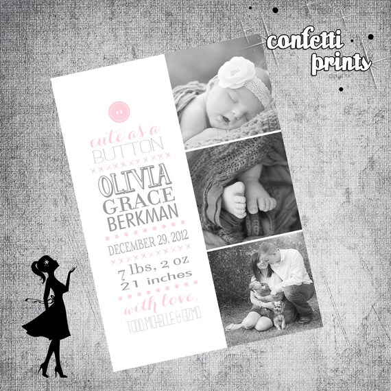 Photo Birth Announcement - CUTE As A BUTTON Printable Il_570xn