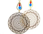 Delicately delightful earrings, made with gold plated lasercut filigrees and opaque aqua blue and red czech crystal beads - BBTAR