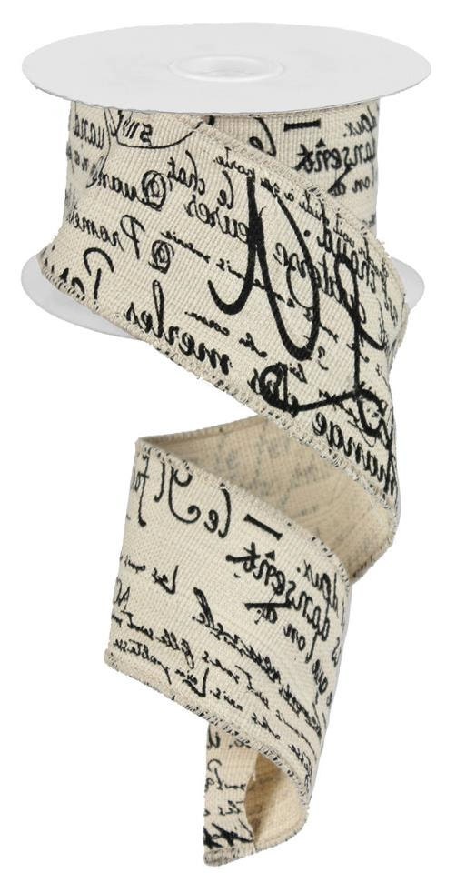 SALE  2.5" French Script Fabric Wired Ribbon 5 YDS