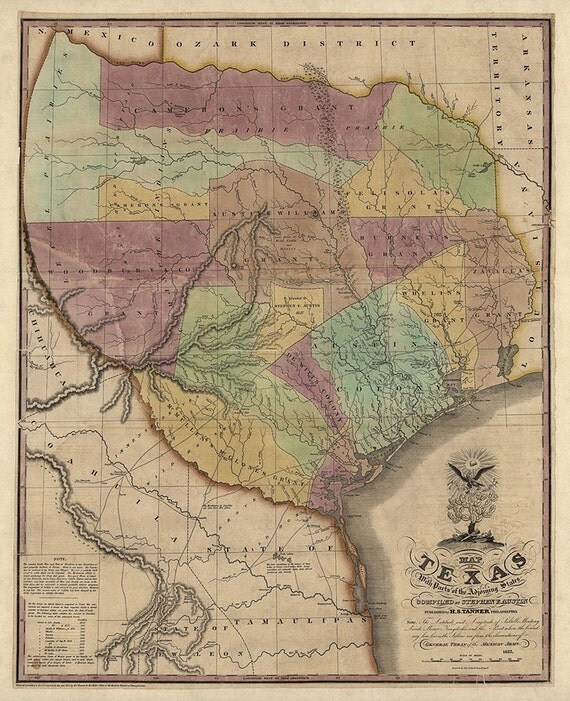 Antique Map of Texas (1837) by Stephen F. Austin - 23"x18.7" - Archival Print