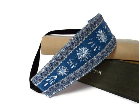 Felt headband Embroidered Blue wool Rustic styles