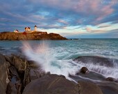 Lighthouse Wall Art Matted Photo Print Surf Splash Wave Rocks Maine Nubble Light Sunset Seascape Coastal Home Decor Living Room Bedroom