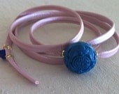 Cinnabar Wrap Bracelet - Single Round Carved Bead on Pink Leather