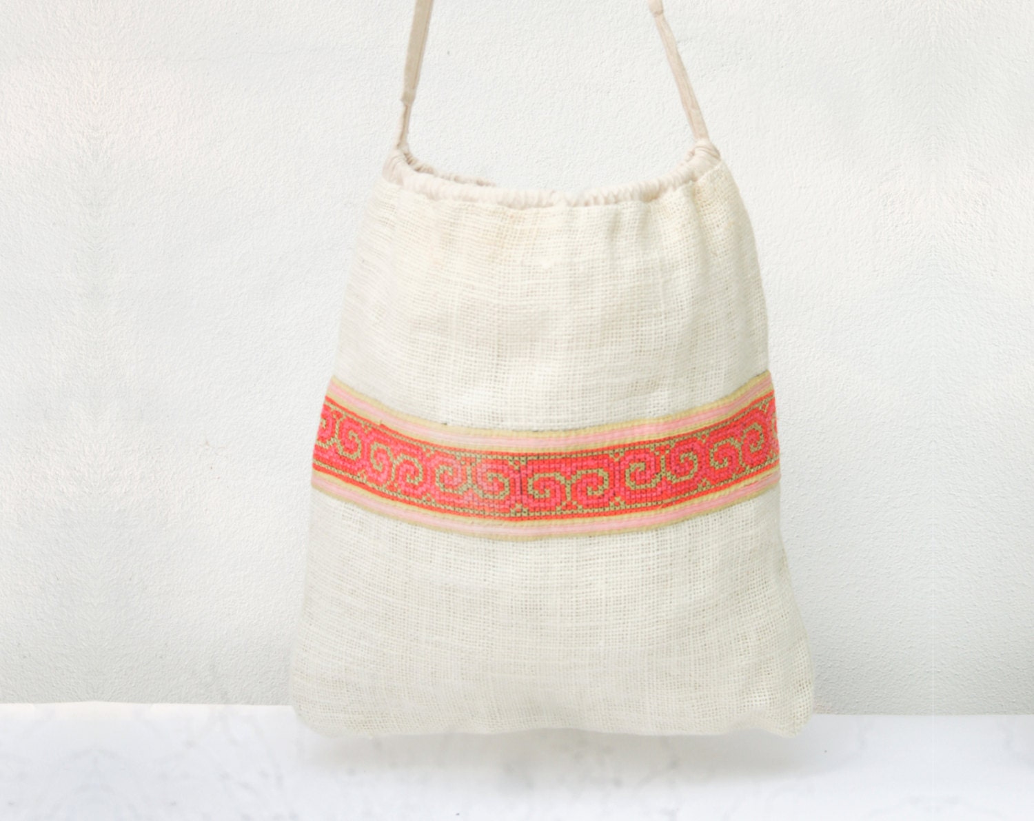 Clean Creamy Hemp Bag with Ethnic Cross stitch Minimalist