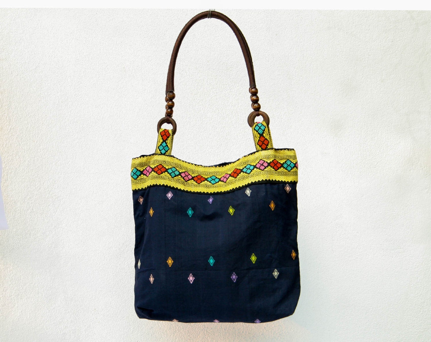Tribal Navy Blue Folk Woven Ethnic Embroidery Handbag Shoulder Tote Bag Shopping Bag