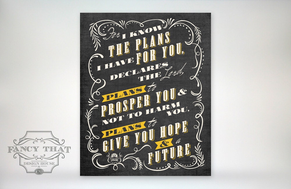 8x10 art print - For I Know the Plans... Aged Dark Texture & Gold, Ornate Frame - Typography Poster Print - Jeremiah Scripture Bible Verse