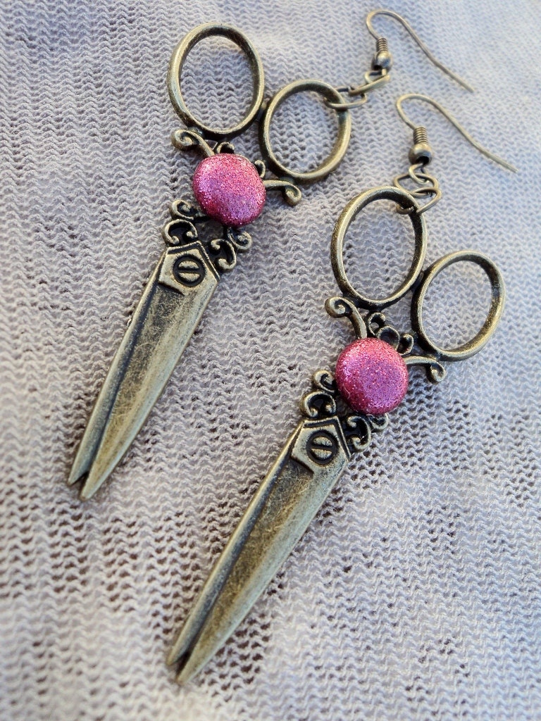 Bronze Victorian Scissor Charm Earrings with Sparkly Pink Accent for Hair Stylist