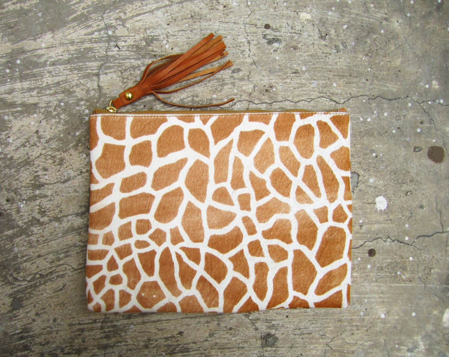 Giraffe Print Calf Hair Zipper Pouch Leather Clutch